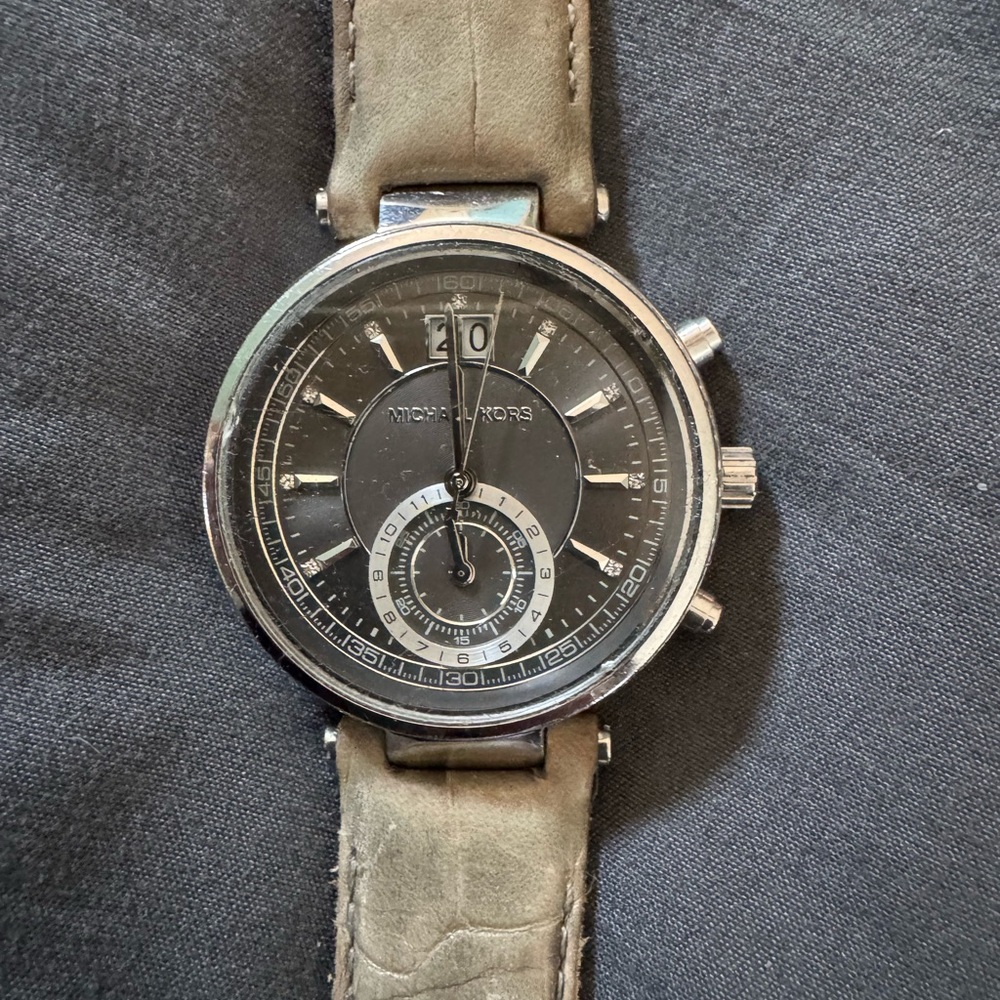 Michael Kors Black Dial Watch with Gray Leather Strap